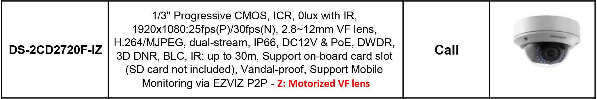 مشخصات دوربین مداربسته تحت شبکه هایک ویژن مدل DS-2CD2720F-IZ